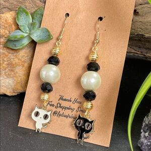 Black & White Cat Charm Halloween Earrings with Black Crystals And Gold Accents